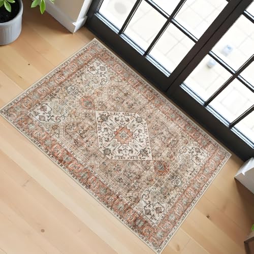 Washable 2x3 Entryway Area Rug: Vintage Non-Slip Backing Rugs for Kitchen Bathroom Water Resistant Carpet for Bedroom Soft Low Pile Front Door Mat for Dining Room 2x3 Brown/Orange - color: Brown/Orange, size: 2' x 3' (Rectangular)
