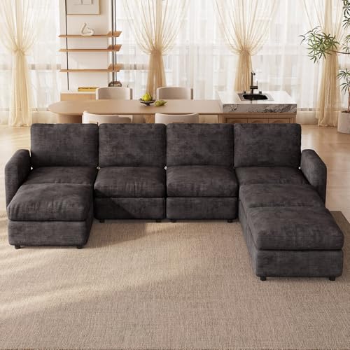 Guyii 116" 7 Seater Modular Sectional Sofa with Storage Ottomans, U Shaped 7 Pieces Sofa Couch with Thick Cushion Seats and Back,Fabric Upholstery Couch for Living Room Dark Gray Easy Assemble - color: Dark Gray, size: 7 seater(with 3 ottomans)