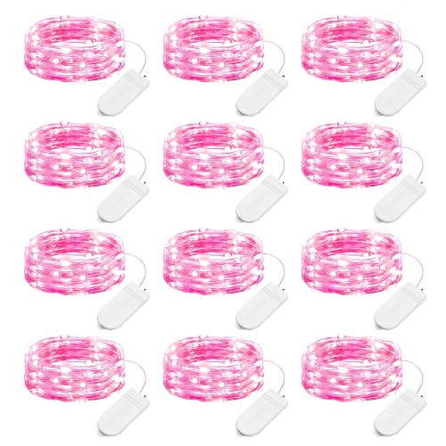 Brightown Valentine's Day 12 Pack Pink Led Fairy Lights Battery Operated String Lights Waterproof Silver Wire 7 Feet 20 Led Firefly Starry Moon Lights for DIY Wedding Party Bedroom - color: Pink, size: 12 Pack
