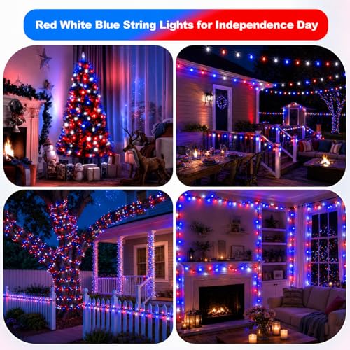 2Pack 240LED Red White and Blue Lights Outdoor, Total 45ft 4th of July Solar String Lights with 8 Modes, Patriotic Light Waterproof for Independence Day Memorial Day Home Garden Party Yard Decor - color: Red White Blue, size: 120LED*2pcs-solar