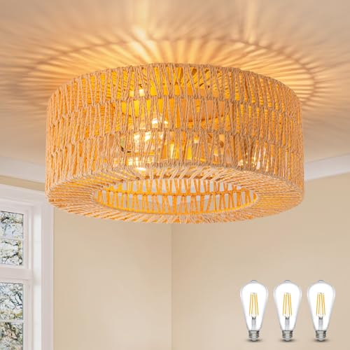 SineRise Flush Mount Ceiling Light (18-Inch, LED Bulb Included), Hand-Woven Boho Rattan Ceiling Light Fixture, 3-Light Rattan Chandelier for Hallway Kitchen Farmhouse Foyer Entryway Living Room(Gold) - color: Gold, size: Large