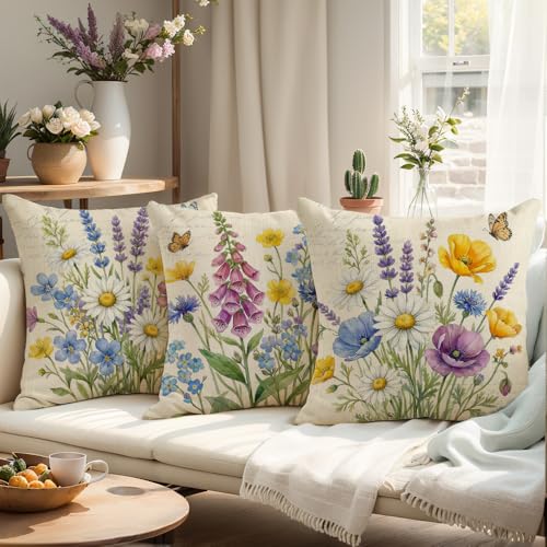 wyooxoo Throw Pillow Covers 16x16 Set of 4 Spring Pillow Covers Linen Flower Farmhouse Cushion Case for Sofa Couch Living Room Outdoor Home Decor - color: Color Q, size: 16" x 16" (Pack of 4)