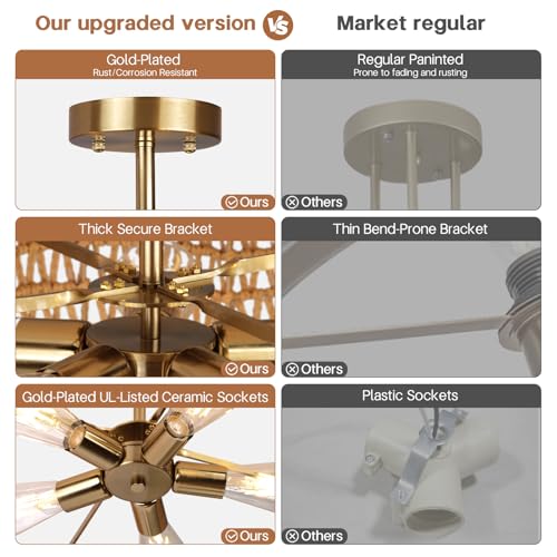 24” Boho Rattan Ceiling Light Fixture, Hand-Woven Wicker Flush Mount Chandelier, Rustic Coastal Scalloped Gold Base Semi Flush Lighting for Bedroom, Dining Room, Kitchen, Foyer, Living Room - color: Rattan A