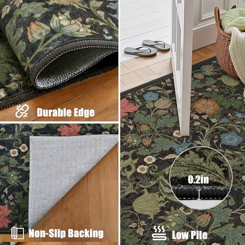 Area Rug 3x5 for Entryway, Washable Vintage Farmhouse Botanical Rug, Non Slip Low Pile Thin Floor Decor Soft Accent Rug for Front Door Kitchen Bedroom Playroom Living Room Black Green - color: Black, size: 3'x5'