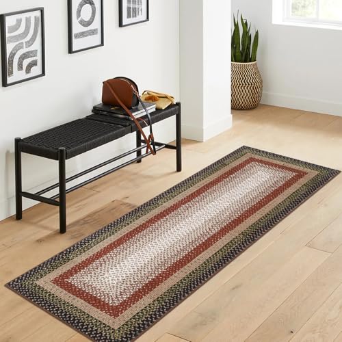 RUGSREAL 2x10 Long Hallway Runner Rug Braided Print Mat Kitchen Runner Rug with Rubber Backing Washable Farmhouse Runner Carpet Rustic Accent Area Rug for Living Room Bedroom Bathroom, Crimson/Earthy - color: Crimson/Earthy, size: 2' x 10' (Runner)