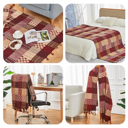 amorus Boho Sofa Cover, Chenille Jacquard Tassels Throw Blankets for Couch Bed, Decorative Sofa Slipcover Protector-Red Plaid (86 x 102 in) - color: Red Plaid, size: 86 x 102 in