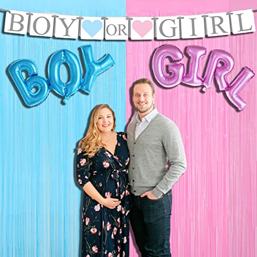 4 Pack Macaron Pink Blue Foil Fringe Curtain Backdrop, 3.28Ft x 8.2Ft Metallic Tinsel Foil Fringe Streamers for Photo Booth, Wedding Gender Reveal Backdrop Boy or Girl Birthday Party Decoration - color: Blue,Pink