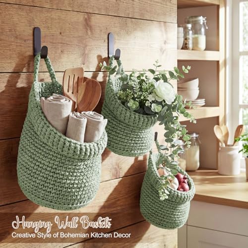 Honeydak Boho Decor Hanging Wall Baskets for Kitchen 3 Pack Teardrop Baskets with Hooks Storage Fruit Onion Vegetable Potato for Home 3 Sizes (Sage Green,Barrel,Cotton Rope) - color: Sage Green, size: Cotton Rope, style: Barrel