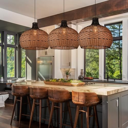 Arturesthome 1 Light Rattan Pendant Light Fixtures for Kitchen Island, 23.6" Wicker Chandelier, Handwoven Hanging Ceiling Lighting Lampshade for Dining Room Hallway Black - size: 23.6" x 21.6"