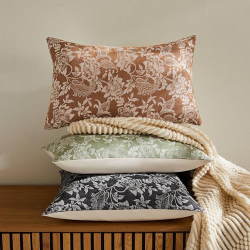 Floral Jacquard Lumbar Throw Pillow Covers Set of 2, Background/Caramal 12x20 Inch, Farmhouse Decorative Cotton Caramal Cushion Covers for Sofa Bed Living Room Home Decor - color: Background/Caramel, size: 20" x 12" (Pack of 2)