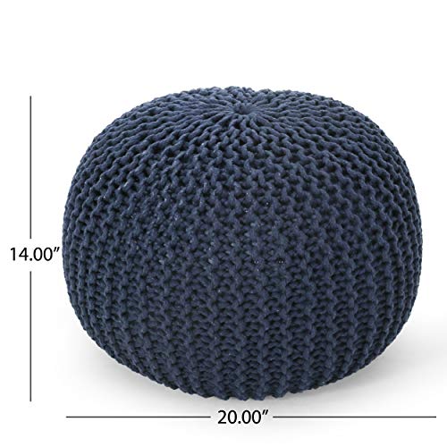 Round Boho Pouf Ottoman - Cable Knitted Cord Boho Pouffe - Stuffed Poof Accent Beanbag Footrest for Living Room - Nursery - Bedroom - Covered Patio - Study Nook (20"x20"x13") (Navy Blue) - color: Navy Blue