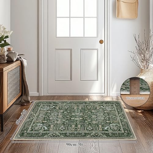 U'Artlines Entryway Rug 2'x3' Non Slip Washable Indoor Door Mat Ultra Soft Kitchen Floor Rugs with Rubber Backing Small Boho Area Carpet for Bedroom Laundry Bathroom(Green＆Beige) - color: Green＆beige, size: 2' x 3' (Runner)