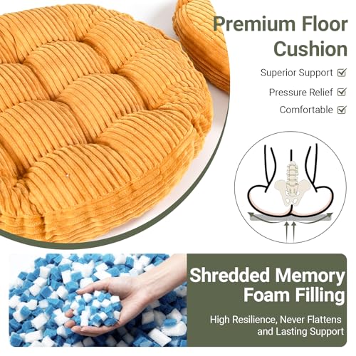 Large Floor Pillow for Adults, 22x22" Memory Foam Floor Cushion with Corduroy Cover, Round Floor Sitting Cushions for Meditation, Lounge,Seating for Yoga, Tatami Living Room (2, Round-Orange) - color: Round-orange