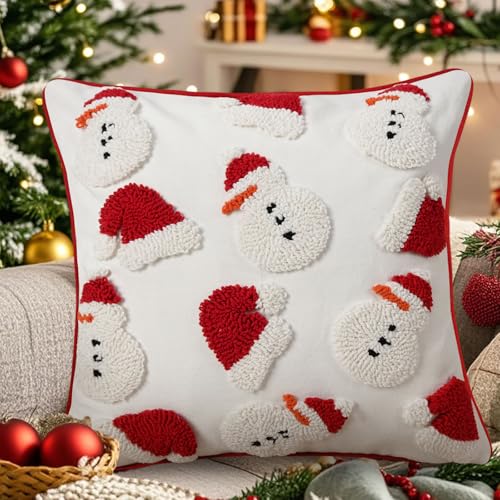 Adabana Christmas Pillow Covers 18x18 Inch Tufted Red Snowmen Santa Hat Decorative Winter Soft Holiday Decor for Couch Bed Sofa Living Room Bedroom - color: Christmas Snowman:red and White