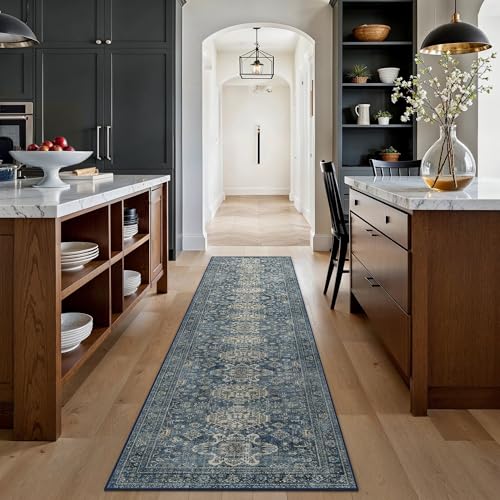 Bavni Washable Runners for Hallways 2X10, Ultra-Thin Non Slip Long Runner Rug, Print Vintage Aesthetic Carpet Runner, Low Pile Rugs for Kitchen Porch Bedroom, Blue - color: Blue, size: 2' x 10' (Rectangular)