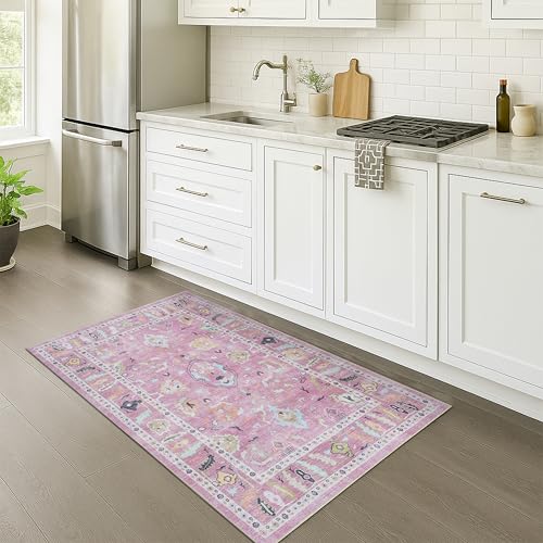 Fame Rugs Pink Modern Oushak Rug 3x5, Washable Vintage Turkish Colorful Oriental Antique Inspired Foldable Small Area Rugs, Luxury Living Room Bedroom (995PP, 2'6" x 5') - color: 995pp, size: 2'6" x 5' (Runner)