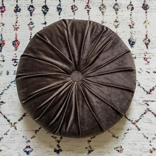 Round Throw Pillow, 13.7” Round Floor Pillow Pumpkin Pleated Round Pillow Cushion for Couch Dutch Velvet Decorative Throw Pillow for Sofa Chair Bed Living Room, Coffee - color: Coffee