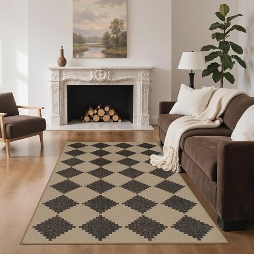 GENIMO Indoor Outdoor Area Rug 5'x8', Checkered Easy Jute Rug Machine Washable, Easy-Cleaning, Non Slip Geometric Woven Outdoor Carpet for Patio, Living Room, Backyard, Porch, Deck, Balcony - color: Spaced Diamond, size: 5' x 8' (Rectangular)