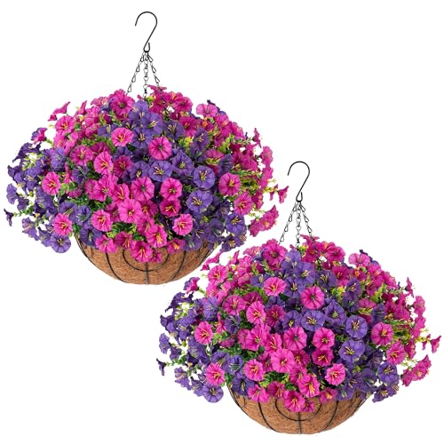 Ivydale 2 Set Artificial Flowers Hanging Baskets for Outdoors Fake Spring Plants, 24 Pcs UV Resistant Faux Silk Morning Glory with 2 Hanging Planters Look Real for Outside Porch Patio Outdoor Decor - color: Purple Fuchsia