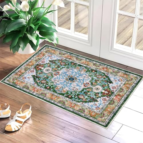 U'Artlines Washable Boho Area Rug, 2x3 Small Soft Non Slip Vintage Doormat for Indoor Front Door Green Mat Carpet for Entryway Kitchen Bathroom Bedroom - color: Green, size: 2' x 3' (Runner)