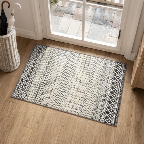 Moroccan Area Rug, 2x3 Black Distressed Entryway Rug Non-Slip Small Rug, Soft Low-Pile Washable Indoor Door Mat Floor Carpet for Entrance Bedroom Kitchen Bathroom - color: Black, size: 2' x 3' (Rectangular)