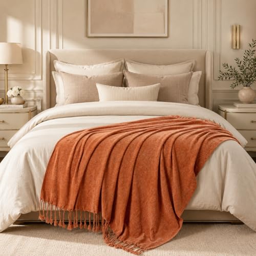 BATTILO HOME Caramel Chenille Throw Blanket for Couch, Soft Cozy Knitted Throw with Tassels, Lightweight Orange Rust Blanket for Fall Decor Bed Sofa Living Room, 50"x60" - color: Caramel