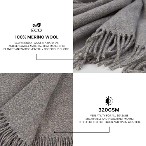 Merino Wool Throw Blanket, Indoor & Outdoor Blankets and Throws, Soft Blanket with Fringes, 65"x79" (170 x 200 cm) - color: Steel Gray, size: Queen (U.K. Standard)