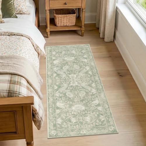 SIRIS 2x5 Washable Runner Rug, Symmetrical Botanical Floral Rug, Vintage Soft Low-Pile Non-Slip Hallway Runner, High-Traffic Floor Mat for Kitchen Entryway Bathroom Vanity Laundry Room, Sage Green - color: Siris Sage Green, size: 2' x 5' (Runner)