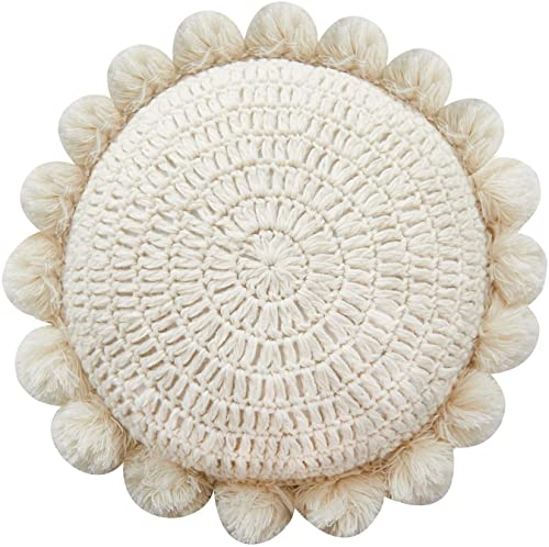 Boho Round Throw Pillow with Cute Handmade Pom Poms Tassels 18 Inch, Decorative Circular Knitted Crochet Cushion for Couch, Sofa, Chair, Bed, Beige - color: Beige