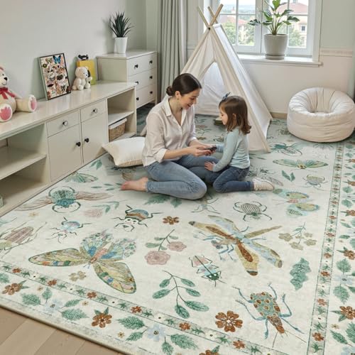 Beeiva Insect Print 8x10 Rug for Bedroom - Beige Fantasy Moth Rug for Living Room Dining Room Under Kitchen Table Nursery, Vintage Non Slip Large Carpet Butterfly Cottagecore Decor(8'x10',Beige) - color: Beige, size: 8' x 10' (Rectangular)