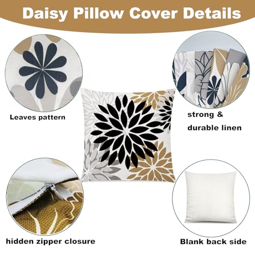 COMMINY Brown Black Pillow Covers 16x16 Set of 6, Daisy Flower Throw Pillow Cover Case Rustic Square Cushion Cover for Sofa Bedroom Living Room Farmhouse Home Decor - color: Brown Black Grey, size: 16" x 16" (Pack of 6)