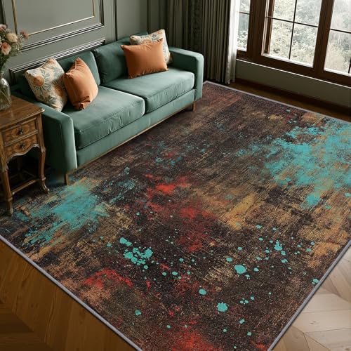 COLORCITY Distressed Rug 5x6 - Abstract Retro Rust Area Rugs for Bedroom Living Room, Contemporary Art Machine Washable | Non-Slip | Soft Carpets, Abstract Room Decor, (Brown Turquoise Red) - color: Brown Turquoise Red, size: 5' x 6' (Rectangular)