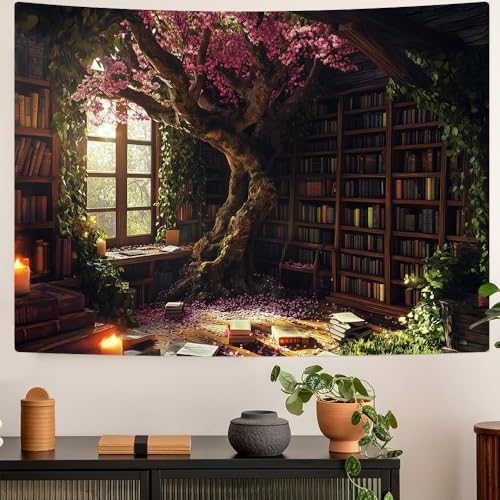 Richldeas 60x44inchs Bookshelf Tapestry Cherry Blossom Tree Tapestry Library Tapestries Reading Blanket for a Windowless Office and Dormitory Bedroom Living Room Home Decor RITAYW075 - color: Pink, size: 60"L x 44"W