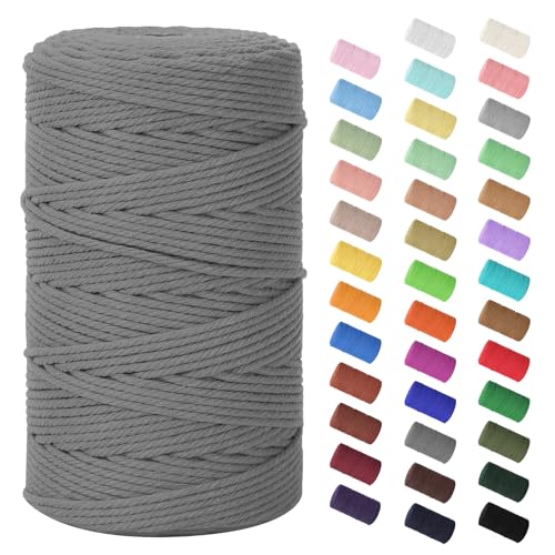Macrame Cord 3mm x 220Yards (656Feet), Natural Cotton Macrame Rope - 4 Strands Twisted Macrame Cotton Cord for Wall Hanging, Plant Hangers, Crafts, Gift Wrapping and Wedding Decorations, Dark Gray - color: Dark Gray, size: 0.12 in x 220 yd