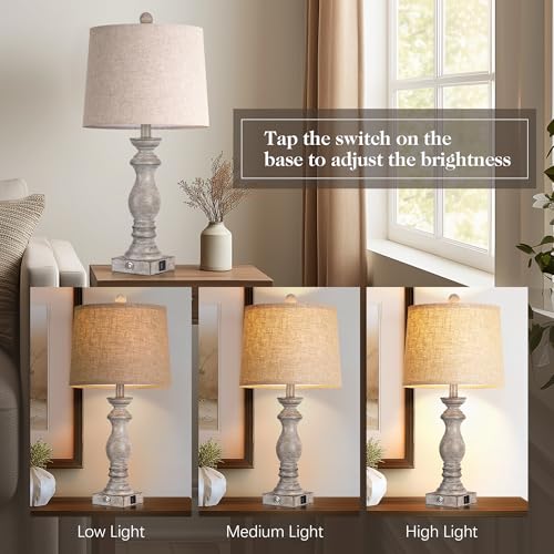24.5" Table Lamp Set of 2, Rustic Farmhouse Bedside Lamps with USB A+C Charging Ports, 3-Way Dimmable Touch Control Nightstand Lamps for Living Room Bedroom, Antique Grey White, LED Bulbs Included - color: Antique Grey White