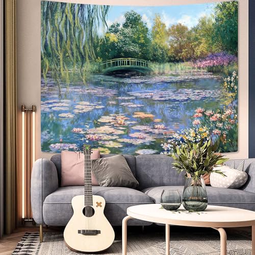 Accnicc Monet Water Lilies Tapestry Green Floral Plant Tapestries Aesthetic Monet Wall Art Posters Nature Flower Garden Landscape Small Tapestrys for Bedroom Living Room Dorm 60 x 44 Inch - color: Green Pink, size: 60"L x 44"W