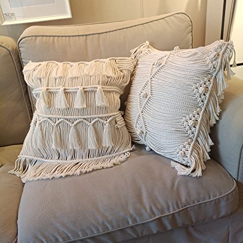 kiido Throw Pillow Covers Macrame Cushion Case Woven Boho Comfy Square Pillow Cases with Tassels Set of 2 Decorative Pillowcase (17X17) AB Style