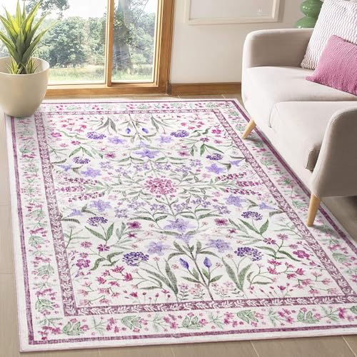 Amearea Floral Area Rugs for Living Room, 5x7 Feet Purple Rugs for Bedroom Girls, Cute Kids Room Print Carpet Vintage Low Pile Machine Washable Area Rug, Office Nursery Dining Room Farmhouse Decor - color: Purple, size: 5x7 Feet