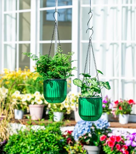 Josteve 5.2 Inch 2 Pcs Self Watering Hanging Planter Indoor Plant Pots Drainage Holes, Outdoor Small Hanging Planters Flower Pot Basket, Visible Water Level, Plant Hanger Home Decor, Gardening - color: Emerald, size: 2*5.2 inch