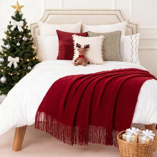 BATTILO HOME Christmas Decor Red Throw Blanket for Couch, Boho Bed Throws for Foot of Bed, Decorative Red Throws for Sofa Living Room, 50"x60" - color: Red, size: 50 x 60 in.