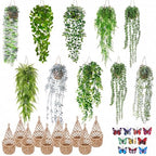 Giegxin 10 Set Fake Hanging Plant with Macrame Basket Summer Mini Artificial Macrame Plant Hanger with Woven Basket and Butterfly Ivy Faux Vines Eucalyptus Leaf for Indoor Home Wall Shelf Decor