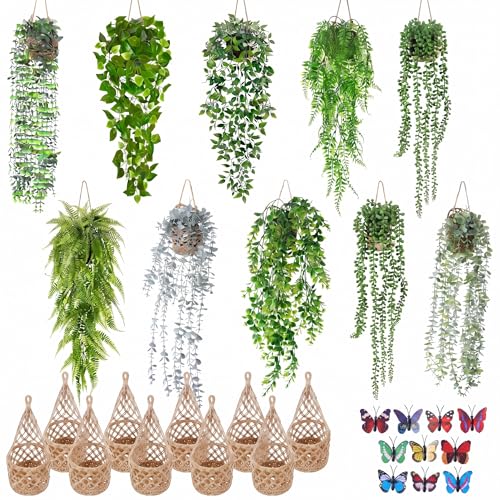 Giegxin 10 Set Fake Hanging Plant with Macrame Basket Summer Mini Artificial Macrame Plant Hanger with Woven Basket and Butterfly Ivy Faux Vines Eucalyptus Leaf for Indoor Home Wall Shelf Decor
