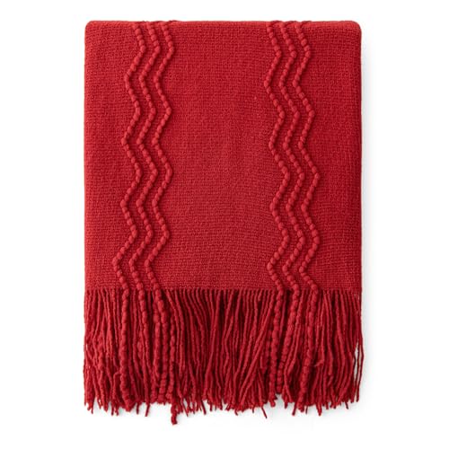 MIULEE Red Knitted Throw Blanket for Couch Boho Textured Cozy Woven Blanket with Tassels for Sofa Chair Bed Living Room Acrylic Wave Pattern 50"x60" - color: Christmas Red, size: 50" x 60"