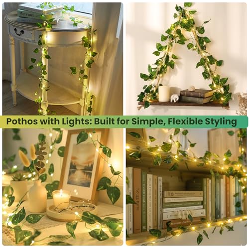 Vine Fairy Lights for Bedroom Wall, 23FT 73 LED Vine String Lights, USB/Battery Powered, Faux Pothos Garland with Light for Dorm Room, Wedding, Party & Home Decor, Warm White - color: Pothos, size: 73LED - Battery Powered
