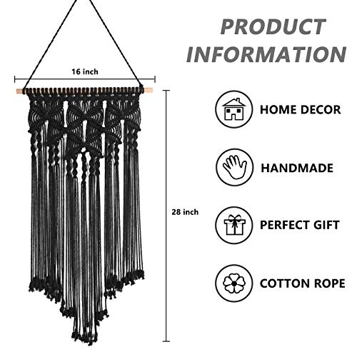 Macrame Woven Wall Hanging Tapestry Bohemian Wall Art Boho Chic Home Decor Wall Pediment, Black, 16x28 Inches - color: Black