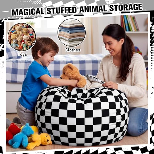 Boao 27'' Large Car Racing Kids Bean Bag Chairs Cover (No Filling) Washable Stuffed Animal Storage Beanbag Chair for Kids Canvas Bean Bag Cover with Zipper for Boys Organizing Plush Toys Textile Sack - color: Racing Flag, size: 27 Inches