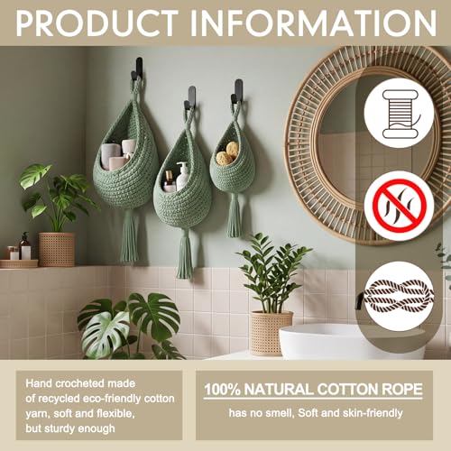 Honeydak Boho Decor Hanging Wall Baskets for Kitchen 3 Pack Teardrop Baskets with Hooks Storage Fruit Onion Vegetable Potato for Home 3 Sizes (Sage Green,Tassel,Cotton Rope) - color: Sage Green, size: Cotton Rope, style: Tassel