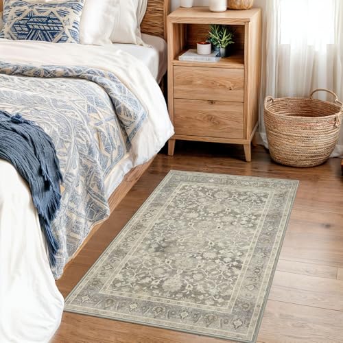 KUTA Vintage 2x3 Rugs for Entryway, Non-Slip Washable Kitchen Area Rug & Indoor Door Mat with Floral Print, Beige Ultra Thin Soft Low-Pile Throw Rug for Front Door, Bedside, Small Spaces - color: Beige, size: 2' x 3' (Rectangular)