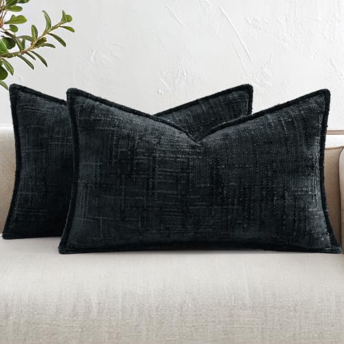 decorUhome Chenille Throw Pillow Covers 12x20 Set of 2, Soft Textured Slubby Modern Decorative Pillow Covers with Elegant Design for Couch, Sofa, Living Room, Black - color: Black, size: 20" x 12" (Pack of 2)