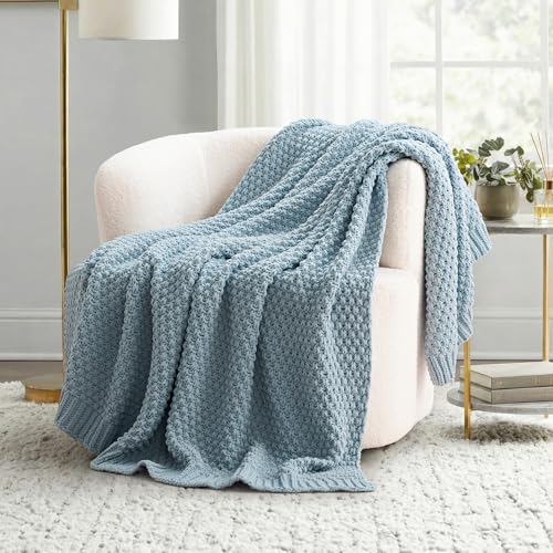 EVERGRACEHOME Chunky Chenille Knit Throw Blanket for Couch, Soft Luxurious Moss Stitch Blankets for Bed, Cozy Decorative Farmhouse Knitted Throws for Sofa, Chambray Blue, 60" x 80" - color: Chambray Blue, size: 60" X 80"